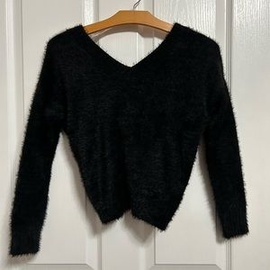 New Francesca’s Black Mi Ami  fuzzy sweater twist back. Size Y12 (xs) NWOT.